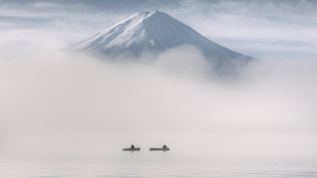 Yamanashi Prefecture - nature, lake, japan, mountain, fuji, scenery, japanese, mist