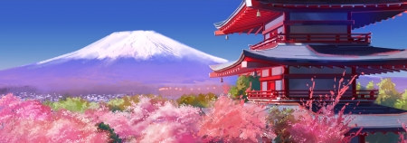 Sakura ~~~ - pretty, scenery, i, cherry, blossom, landscape, scene, pink, rooftop, mountain, mount fuji, japan, roof, red, hd, nice, sky, sakura, cherry blossom, beautiful, palace, scenic, beauty, lovely, sakura blossom, sweet, flower, white, fuji mountain, temple, cloud, japanese