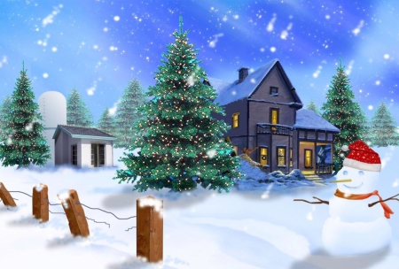 Snowman - pretty, trees, white, snowman, cute, snow, Winter, houses