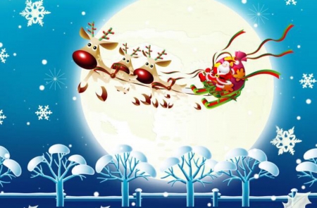 Santa - Sled, trees, winter, deer, snow, Santa