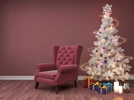 Happy Holidays! - christmas, white, craciun, holidays, pink, tree, chair