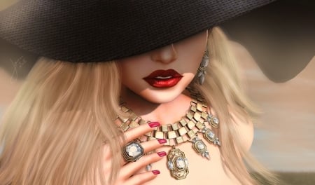 Beauty - girl, beauty, jewel, lips, fantasy, hand, red, woman, rendering, luminos