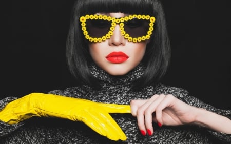 Beauty - yellow, girl, glove, black, lips, hand, red, woman, model, face, sunglasses