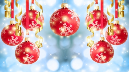 Red and Gold Holiday - christmas, feliz navidad, bokeh, winter, snowflakes, snow, decorations, gold ribbon