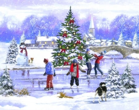 Skaters in Christmas - skates, bridges, Christmas Tree, snowman, winter, people, attractions in dreams, snow, holidays, xmas and new year, villages, Christmas, love four seasons, Christmas Trees