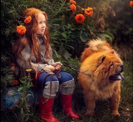 Girl with friend - pretty, Girl, Flowers, dog, friend