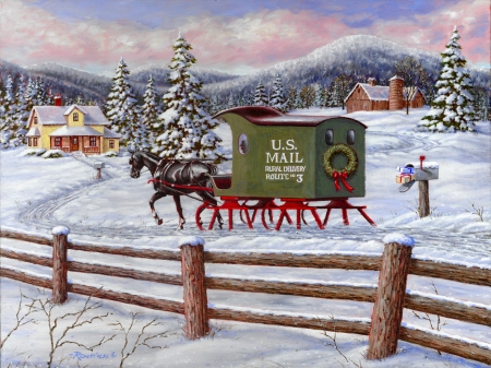 Across the miles - snow, mail, mile, countryside, frost, art, winter, beautiful, fence, village, christmas, nature, horses, painting, ride, mailbox, delivery, peaceful