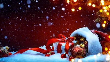 Christmas background - hat, pretty, winter, gifts, beautiful, snow, presents, christmas, santa, holiday