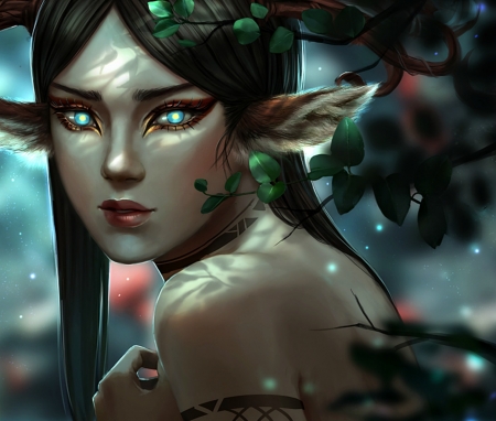 Forest creature - blue, ears, girl, forest, nymph, fantasy, green, face, art, redpear, luminos