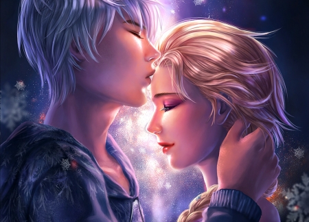 Jelsa - snow queen, fantasy, fanart, jelsa, man, hand, luminos, couple, girl, jack frost, redpear, kiss, pink, blue, elsa, disney, guy, blonde