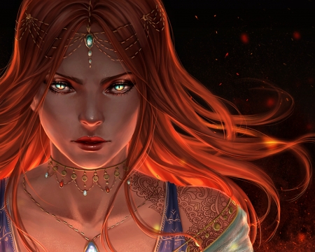 Isabella - girl, jewel, orange, frumusete, fantasy, redhead, art, redpear, luminos