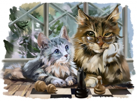 Your move! - chess, art, couple, cat, lorri kajenna, animal, pisica, kitten