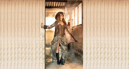 Sliding Doors.. - style, girls, western, women, models, hats, ranch, brunettes, cowgirl, door, fun, female, barn, boots, fashion