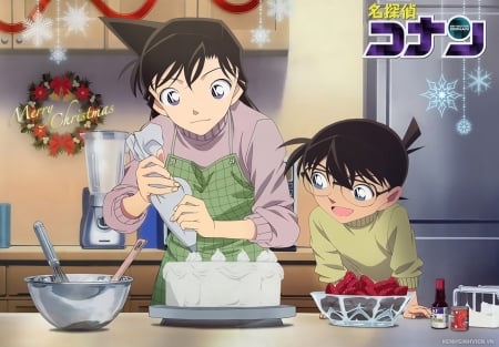 Detective Conan - cute, kawaii, anime, conan edogawa, christmas, male, ran mouri, female, case closed, cake, detective conan