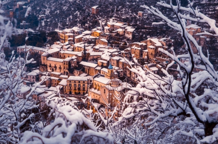 Piedmont-Matese, Italy - trees, snow, winter, city, buildings