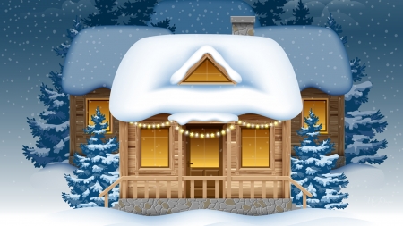 Wonderland Cottage - house, trees, winter, blue, cabin, snow, holidays, home, christmas, Firefox Persona theme, lights, cottage