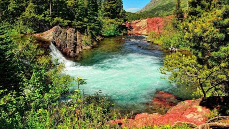 Blue River in the Green Forest - nature, trees, forest, river, mountains