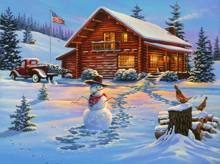 Winter Snowman - xmas and new year, attractions in dreams, snowman, villages, winter, christmas trees, cabins, christmas, holidays, love four seasons, snow