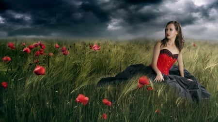 Beauty in the Field - flowers, field, woman, model