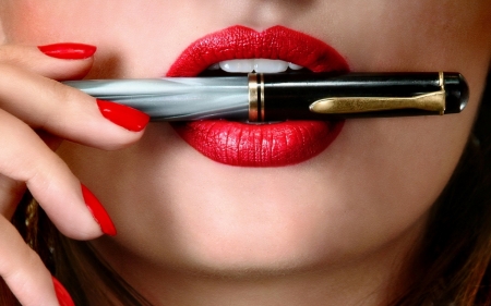 Red Lips - close up, lips, pen, red