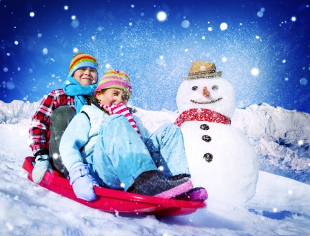 Winter fun - sleigh, snowman, winter, blue, snow, children, copil, white, red