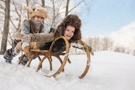 Winter fun - white, children, copil, winter, hat, sleigh, boy, snow