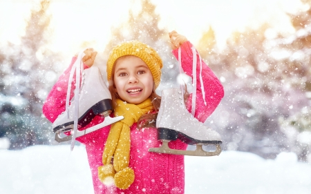 For you! - hat, girl, winter, child, copil, scarf, skate, white, yellow, pink, little