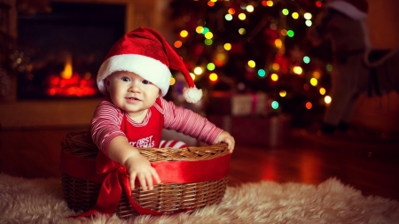 Baby gift - craciun, hat, gift, basket, child, christmas, santa, baby, red, sweet, cute, lights