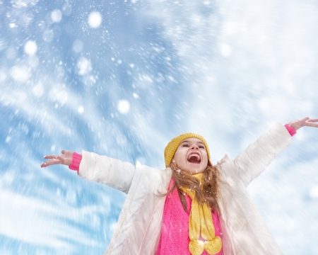 Winter joy - hat, girl, joy, winter, scarf, child, copil, white, yellow, blue, pink, little