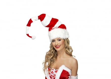 Christmas girl - hat, girl, blonde, christmas, white, craciun, funny, red, woman, model, stripes