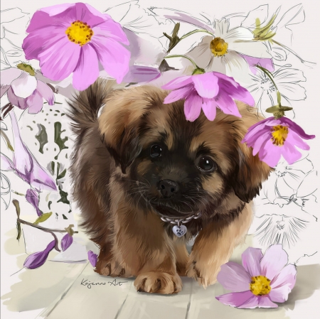 Puppy - puppy, caine, art, holy, dog, pink, lorri kajenna, flower, cosmos