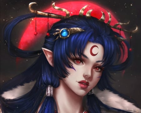 Moon Lady - moon, blue, renaillusion, girl, elf, fantasy, lady, raisa kisaragi, red, art, luminos, luna