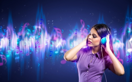 Listening to music - purple, model, headphones, music, girl, woman, blue