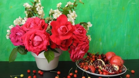 Still Life - roses, fruits, red, flowers, still life, vase