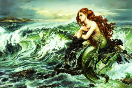 Beautiful Mermaid - woman, nice, girl, fantasy, waves, art, pretty, beautiful, mermaid, green, digital, sea