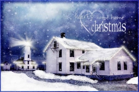 HOME FOR CHRISTMAS - LIGHTHOUSE, SNOW, CHRISTMAS, HOME, SNOWFLAKES, BLUE, WINTER