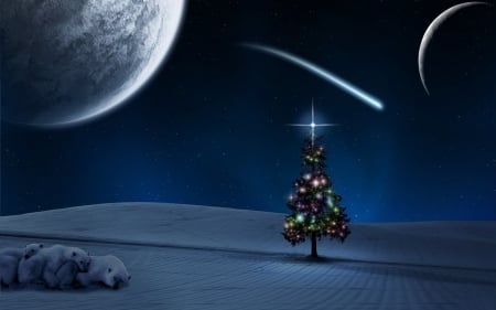 LONESOME CHRISTMAS TREE - MOON, SNOW, TREE, POLAR BEARS, SKY, CHRISTMAS, WINTER