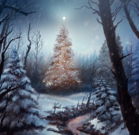 O CHRISTMAS TREE - forest, winter, tree, christmas, lights