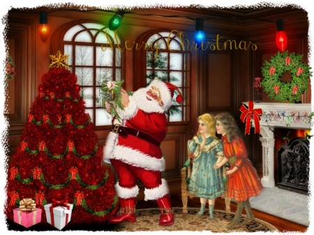 SANTA HELPING - TREE, SANTA, CHILDREN, FIREPLACE, CHRISTMAS