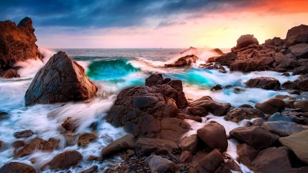 rocky waves - fun, nature, ocean, beach, cool, sunset