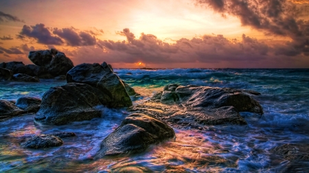 rocky waves at sundown - fun, sunset, nature, beach, ocean, cool