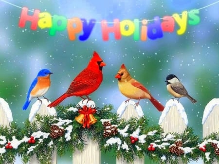 Happy Holidays - xmas and new year, attractions in dreams, fence, winter, christamas, cardinals, love four seasons, holidays, snow, paintings, birds