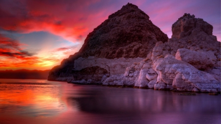 Sunset Through The Cliffs - nature, landscape, mountain, reflection, clouds, sunset