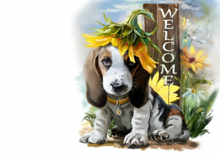 Sunflower - sunflower, yellow, lorri kajenna, cute, dog, caine, puppy, art