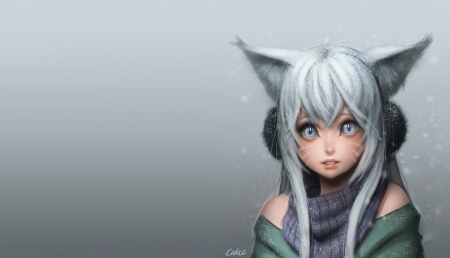 Fox girl - fantasy, grey, winter, fox, girl, luminos