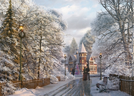 Christmas stroll - christmas, new england, pictura, craciun, dominic davidson, painting, couple, art