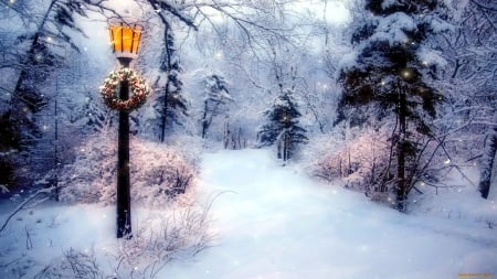 Christmas in the forest - snowfall, trees, winter, snowflakes, wreath, path, road, forest, lantern, cold, snow, beautiful, frost