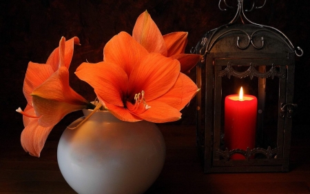 Orange Lily and Candle - flowers, vase, lilies, nature, candle, still life