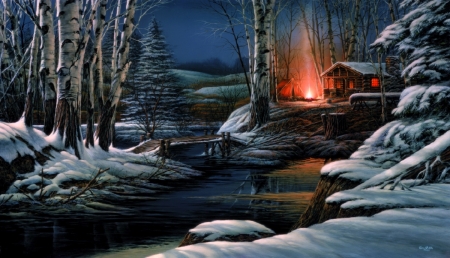 Sharing the Solitude - xmas and new year, attractions in dreams, winter, campfire, cabins, creek, christmas, nature, love four seasons, holidays, snow, paintings, landscapes