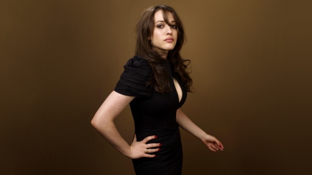 Kat Dennings - black dress, actress, kat dennings, brown background, brunette, dress